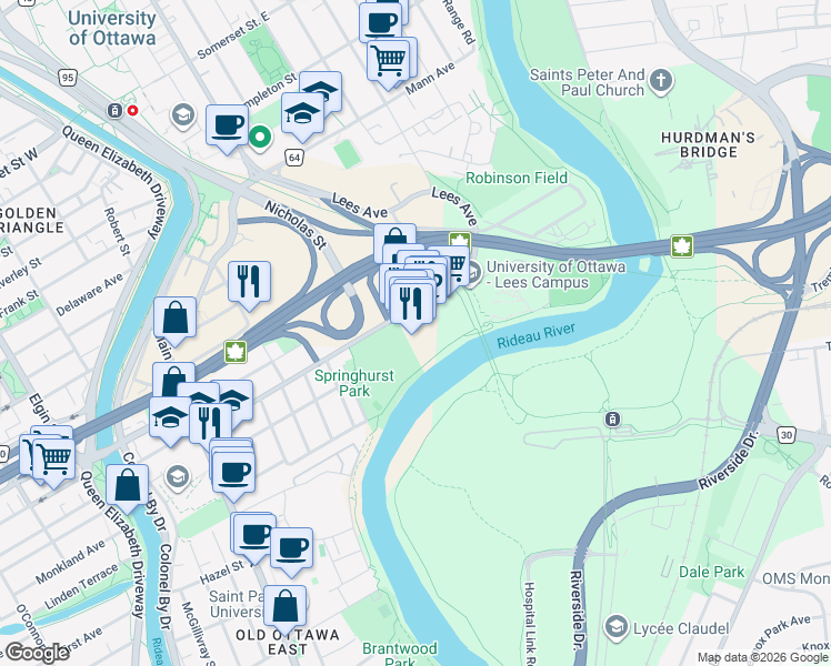 map of restaurants, bars, coffee shops, grocery stores, and more near 170 Lees Avenue in Ottawa