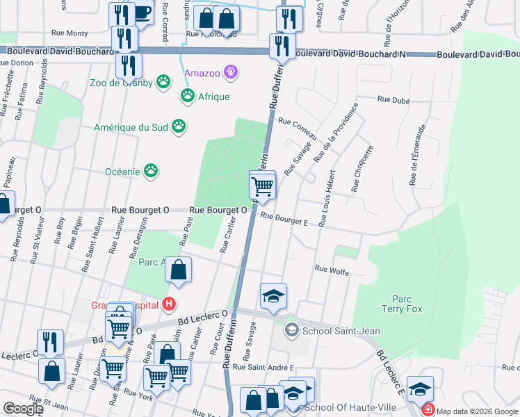 map of restaurants, bars, coffee shops, grocery stores, and more near 375 Rue Dufferin in Granby
