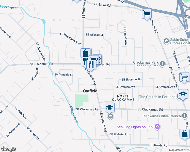 map of restaurants, bars, coffee shops, grocery stores, and more near 14950 Southeast Webster Road in Milwaukie
