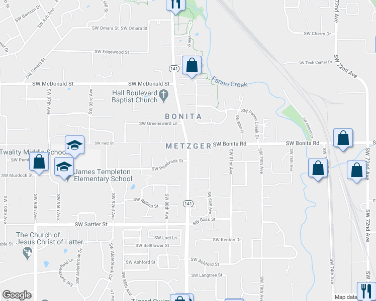 map of restaurants, bars, coffee shops, grocery stores, and more near 14547 Southwest Hall Boulevard in Tigard