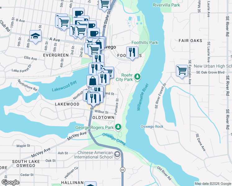 map of restaurants, bars, coffee shops, grocery stores, and more near 5007 Foothills Road in Lake Oswego