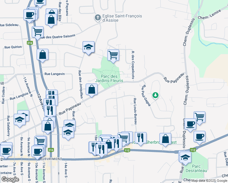 map of restaurants, bars, coffee shops, grocery stores, and more near 325 20e Avenue Nord in Sherbrooke