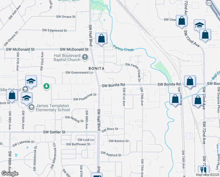 map of restaurants, bars, coffee shops, grocery stores, and more near 8345 Southwest Bonita Road in Tigard
