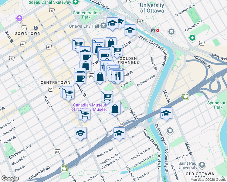 map of restaurants, bars, coffee shops, grocery stores, and more near 234 Frank Street in Ottawa