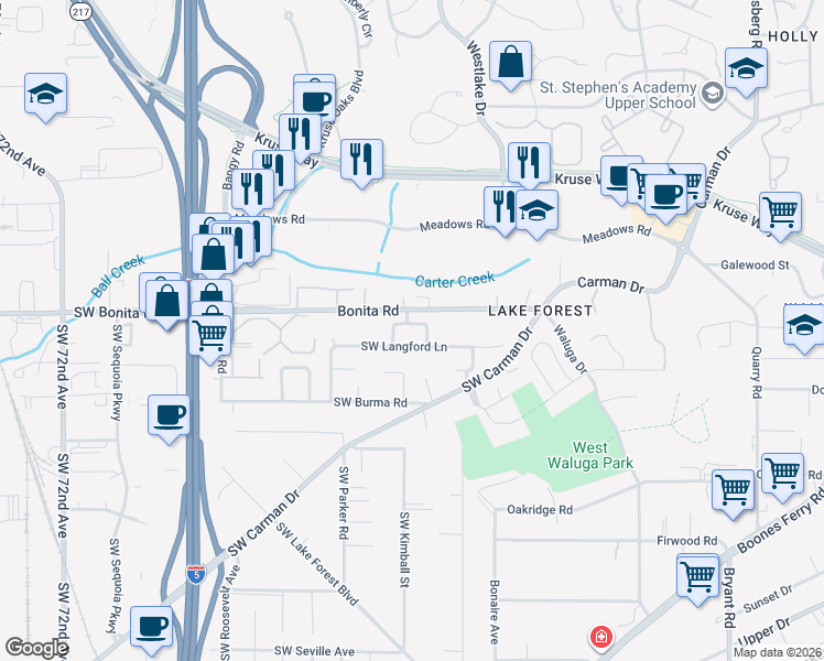 map of restaurants, bars, coffee shops, grocery stores, and more near 5717 Bonita Road in Lake Oswego