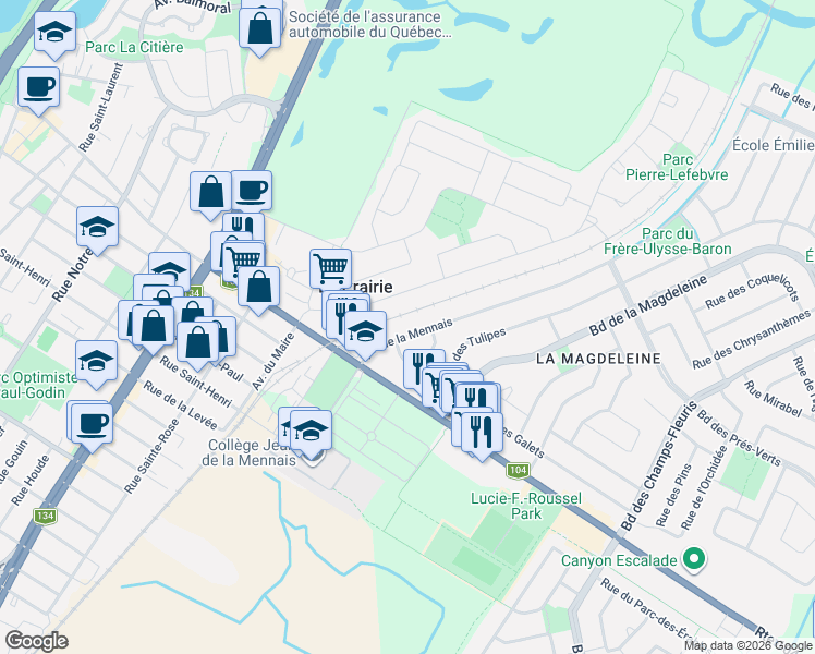 map of restaurants, bars, coffee shops, grocery stores, and more near 100 Avenue de la Mennais in La Prairie