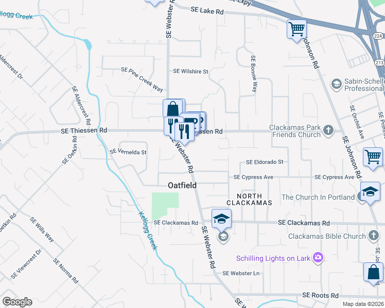 map of restaurants, bars, coffee shops, grocery stores, and more near 14950 Southeast Webster Road in Milwaukie