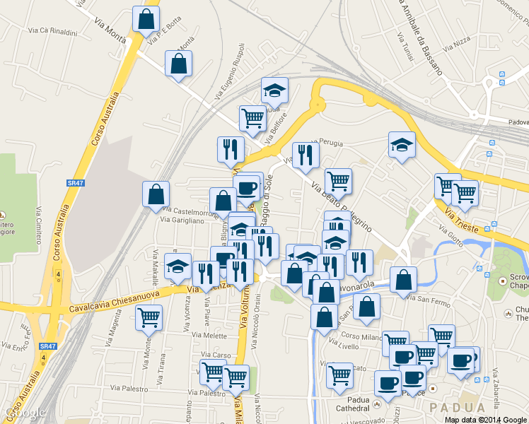 map of restaurants, bars, coffee shops, grocery stores, and more near Via Raggio di Sole in Padua