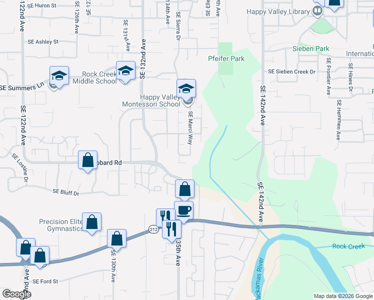map of restaurants, bars, coffee shops, grocery stores, and more near 14843 Southeast Marci Way in Clackamas