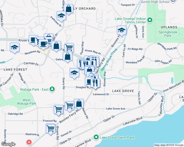 map of restaurants, bars, coffee shops, grocery stores, and more near 4025 Mercantile Drive in Lake Oswego