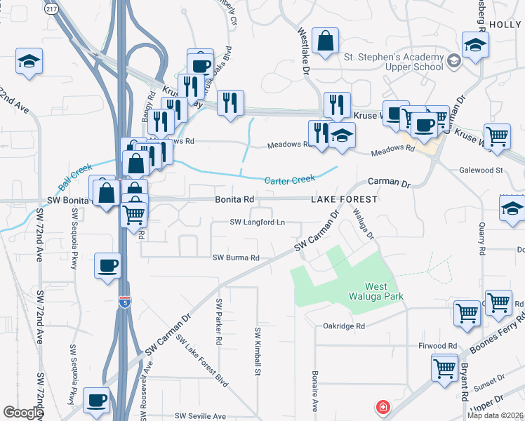 map of restaurants, bars, coffee shops, grocery stores, and more near 5717 Bonita Road in Lake Oswego