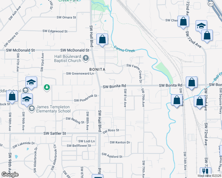 map of restaurants, bars, coffee shops, grocery stores, and more near 8345 Southwest Bonita Road in Tigard