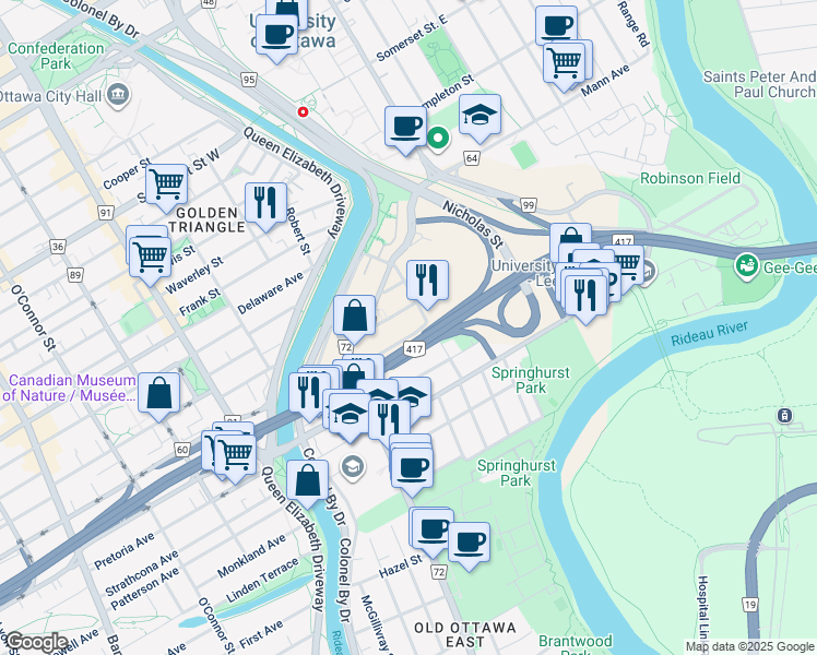 map of restaurants, bars, coffee shops, grocery stores, and more near 95-A Concord Street North in Ottawa