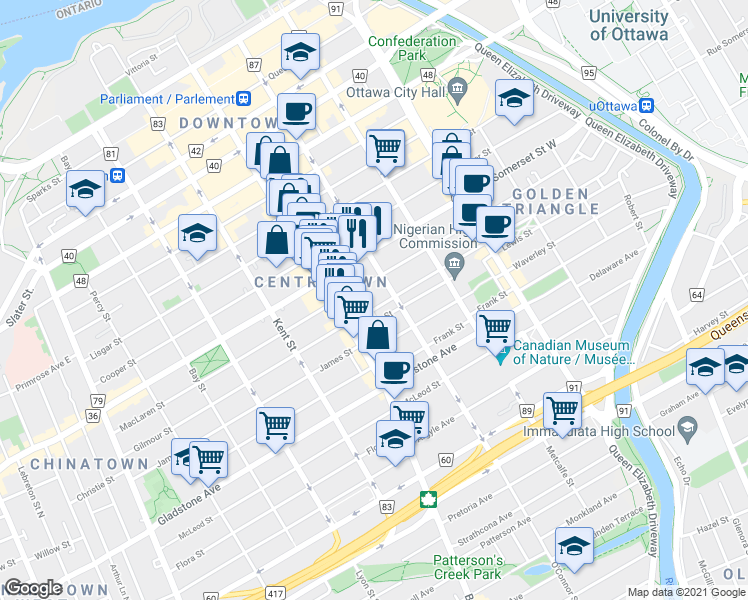 map of restaurants, bars, coffee shops, grocery stores, and more near 332 Somerset Street West in Ottawa