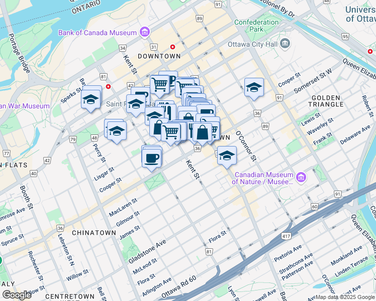 map of restaurants, bars, coffee shops, grocery stores, and more near 282 Kent Street in Ottawa