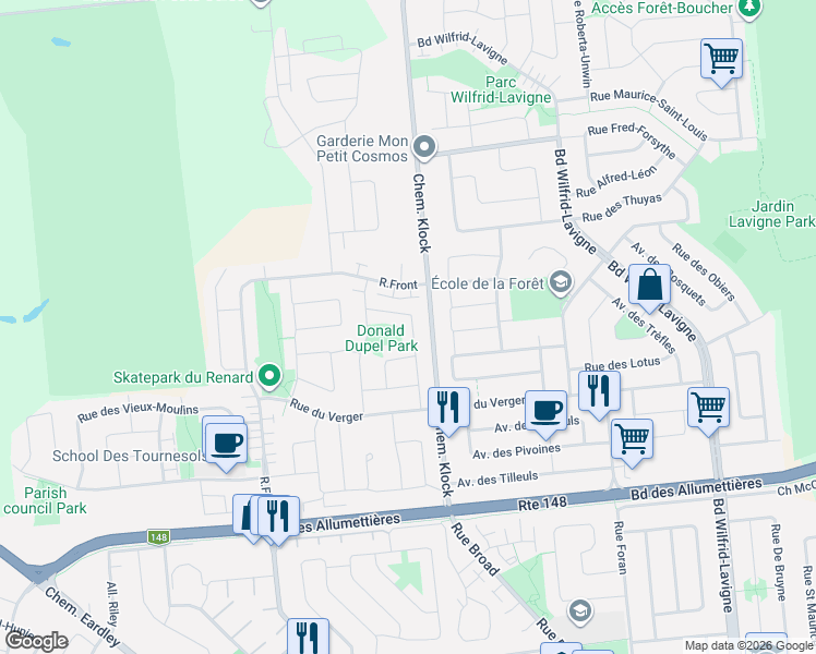 map of restaurants, bars, coffee shops, grocery stores, and more near 202 Rue de l'Ours-noir in Gatineau