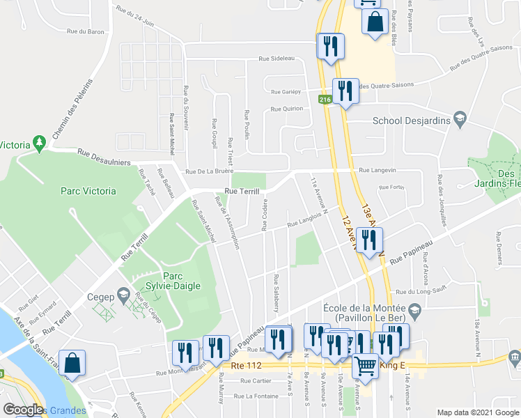 map of restaurants, bars, coffee shops, grocery stores, and more near 483 Rue Codère in Sherbrooke