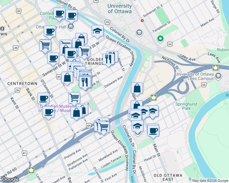 map of restaurants, bars, coffee shops, grocery stores, and more near 44 McLeod Street in Ottawa