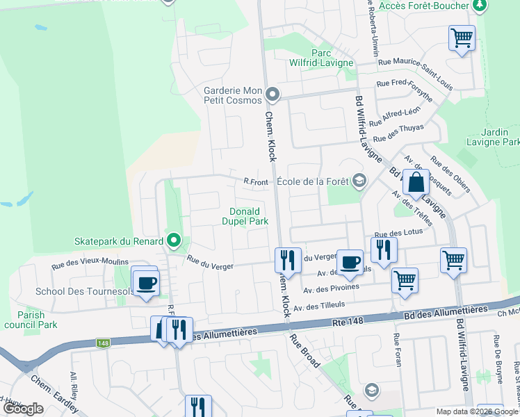 map of restaurants, bars, coffee shops, grocery stores, and more near 202 Rue de l'Ours-noir in Gatineau