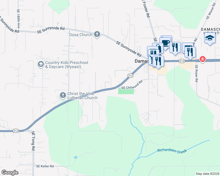 map of restaurants, bars, coffee shops, grocery stores, and more near 19285 Southeast Highway 212 in Damascus