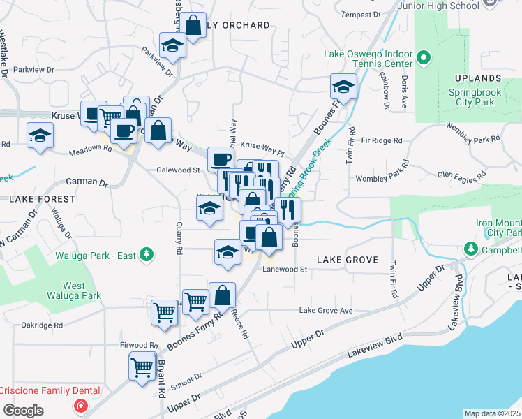 map of restaurants, bars, coffee shops, grocery stores, and more near 4025 Mercantile Drive in Lake Oswego