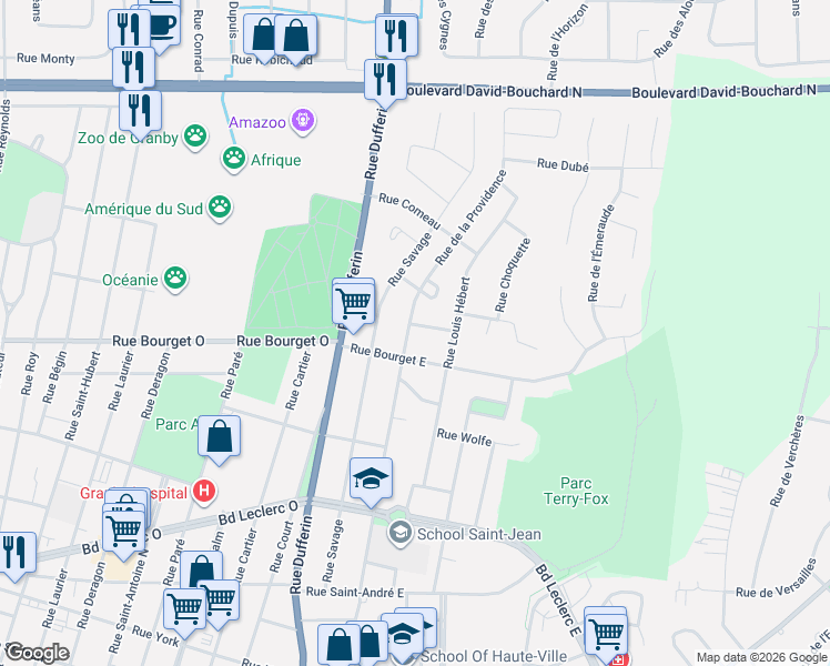 map of restaurants, bars, coffee shops, grocery stores, and more near 359 Rue de la Providence in Granby