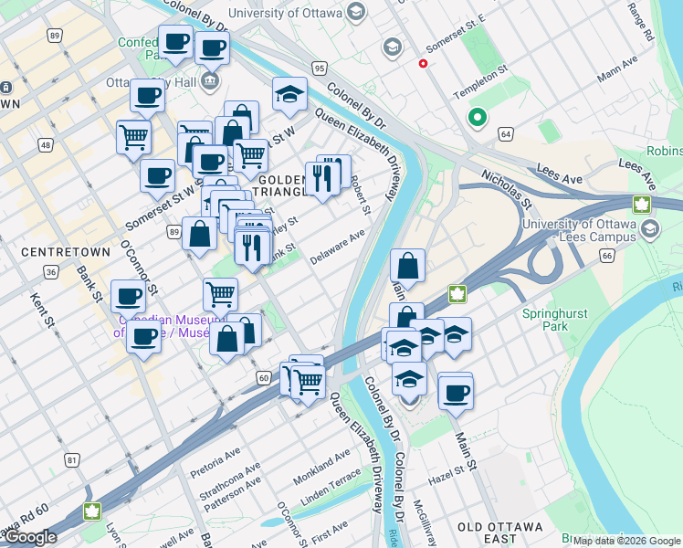 map of restaurants, bars, coffee shops, grocery stores, and more near 44 McLeod Street in Ottawa