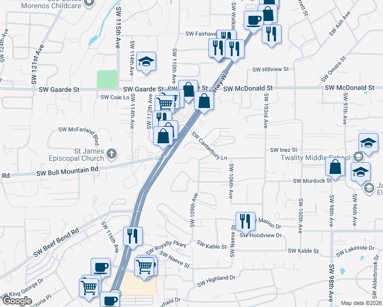 map of restaurants, bars, coffee shops, grocery stores, and more near 10800 Southwest Canterbury Lane in Portland