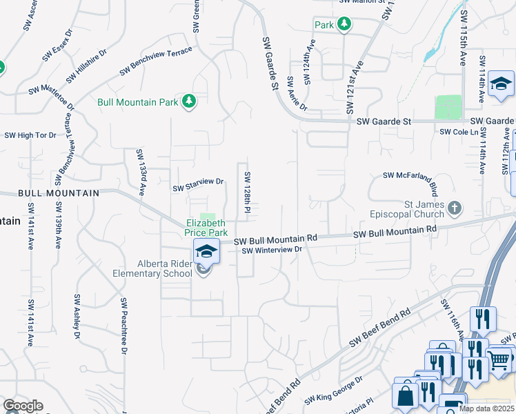 map of restaurants, bars, coffee shops, grocery stores, and more near 12713 Southwest Rocky Mountain Court in Tigard
