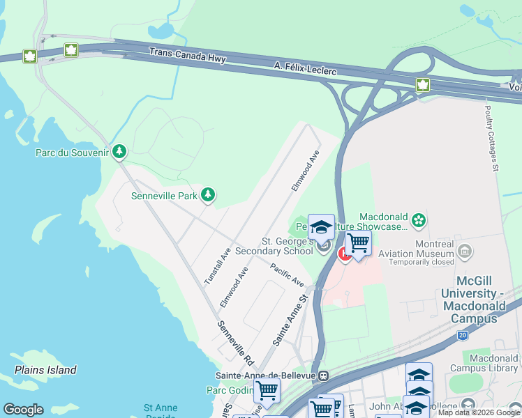 map of restaurants, bars, coffee shops, grocery stores, and more near 32 Avenue Tunstall in Senneville