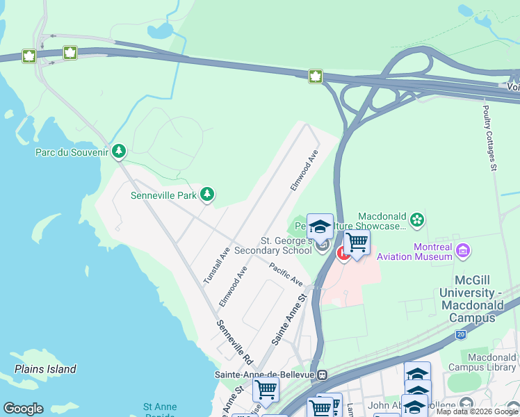 map of restaurants, bars, coffee shops, grocery stores, and more near 32 Avenue Tunstall in Senneville