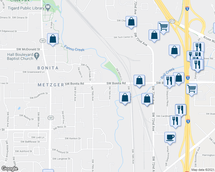 map of restaurants, bars, coffee shops, grocery stores, and more near 7645 Southwest Bonita Road in Tigard