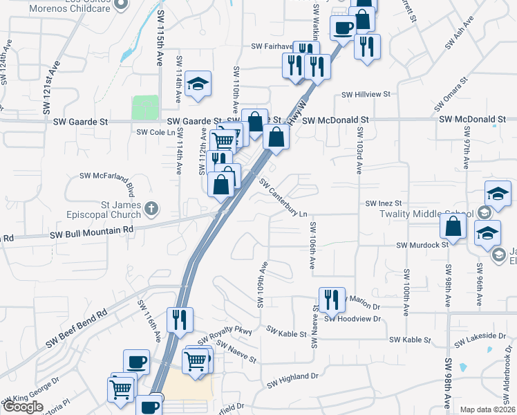 map of restaurants, bars, coffee shops, grocery stores, and more near 10800 Southwest Canterbury Lane in Portland