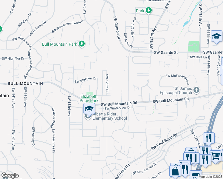 map of restaurants, bars, coffee shops, grocery stores, and more near 12713 Southwest Rocky Mountain Court in Tigard