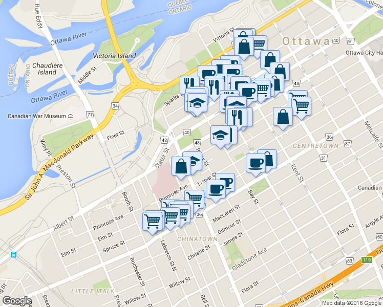 map of restaurants, bars, coffee shops, grocery stores, and more near in Ottawa