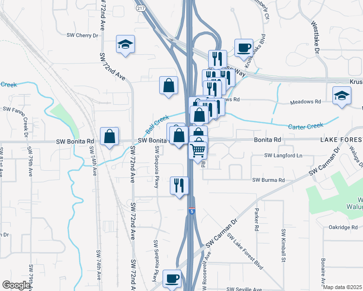 map of restaurants, bars, coffee shops, grocery stores, and more near 6716 Southwest Bonita Road in Tigard