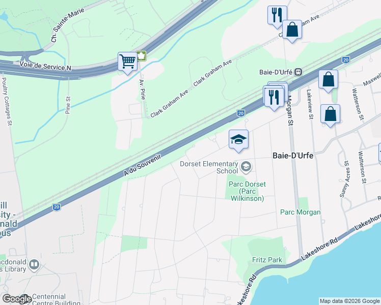 map of restaurants, bars, coffee shops, grocery stores, and more near 113 Rue Churchill in Baie-d'Urfé
