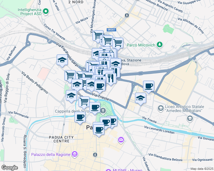 map of restaurants, bars, coffee shops, grocery stores, and more near 8 Via Nicolò Tommaseo in Padova