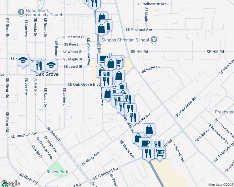 map of restaurants, bars, coffee shops, grocery stores, and more near 14810 Southeast McLoughlin Boulevard in Milwaukie