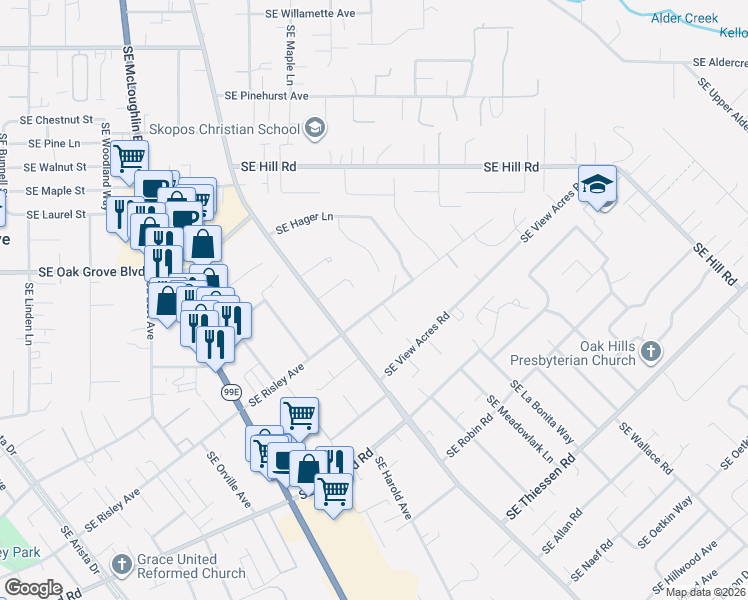 map of restaurants, bars, coffee shops, grocery stores, and more near 3915 Southeast Risley Avenue in Milwaukie