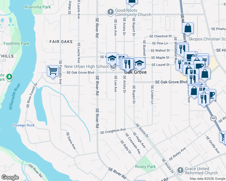 map of restaurants, bars, coffee shops, grocery stores, and more near 14909 Southeast Lee Avenue in Milwaukie