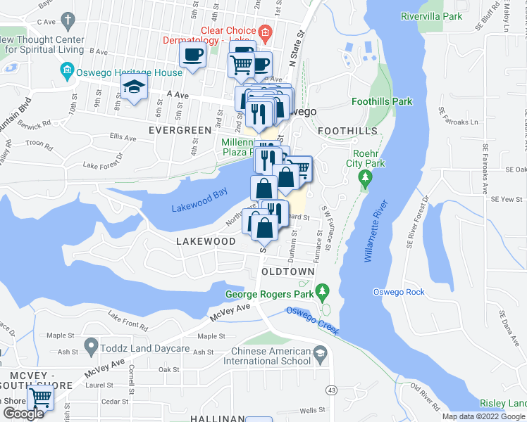 map of restaurants, bars, coffee shops, grocery stores, and more near in Lake Oswego