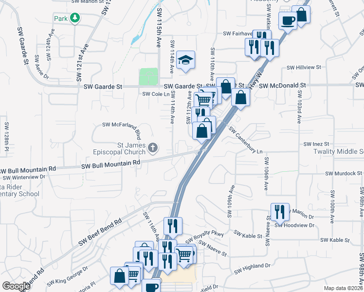 map of restaurants, bars, coffee shops, grocery stores, and more near in Tigard