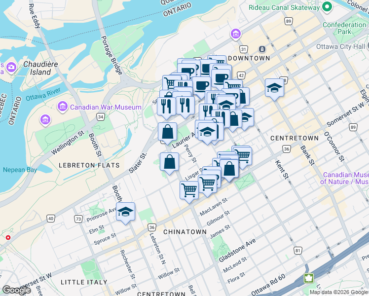 map of restaurants, bars, coffee shops, grocery stores, and more near in Ottawa