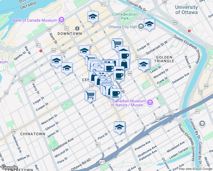 map of restaurants, bars, coffee shops, grocery stores, and more near MacLaren Street in Ottawa