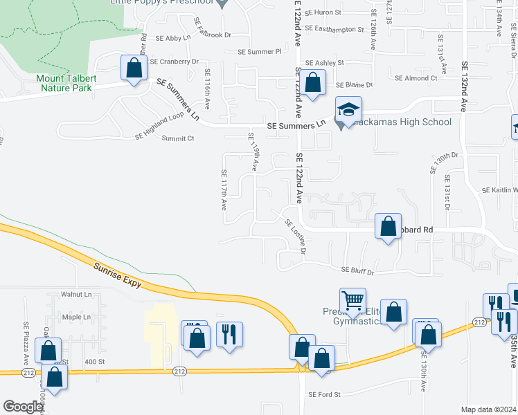 map of restaurants, bars, coffee shops, grocery stores, and more near 14946 Southeast 119th Avenue in Clackamas