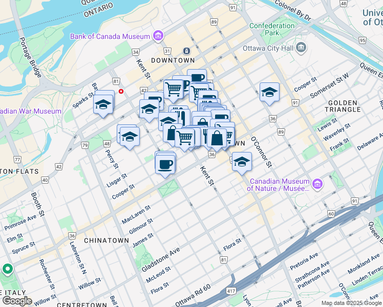 map of restaurants, bars, coffee shops, grocery stores, and more near 282 Kent Street in Ottawa