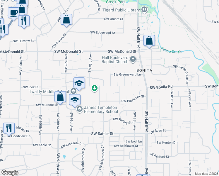 map of restaurants, bars, coffee shops, grocery stores, and more near 9010 Southwest Inez Street in Tigard