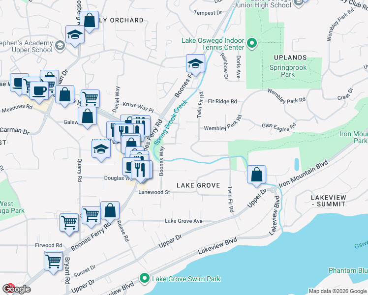 map of restaurants, bars, coffee shops, grocery stores, and more near 3501 Devonshire in Lake Oswego