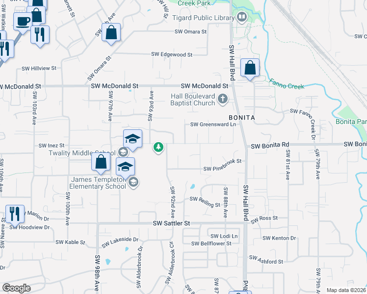 map of restaurants, bars, coffee shops, grocery stores, and more near 9010 Southwest Inez Street in Tigard